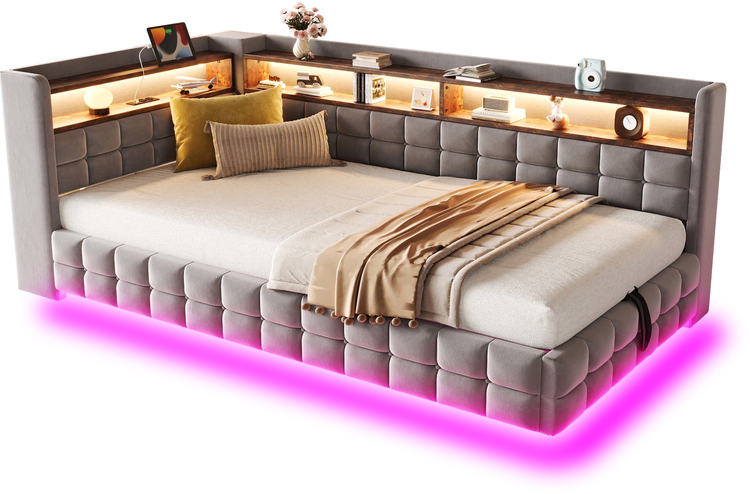 MUVANO Multifunctionele slaapbank 90x200 cm - gestoffeerd bed met hydraulische opbergruimte, houten legplanken, ledverlichting en lattenbodem, lichtgrijs