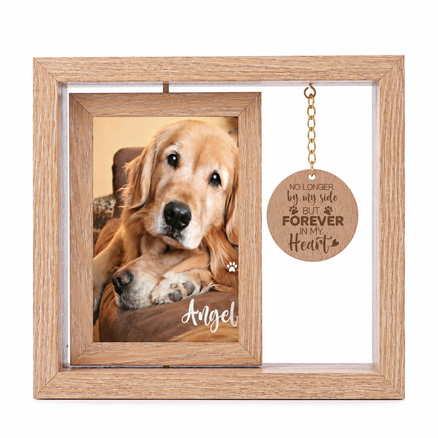 SWGOTA Massief houten herinneringsfotolijst voor huisdieren met draaibare binnenlijst en ronde hanger - staand - 21,5 x 20 x 4 cm Lichtbruin