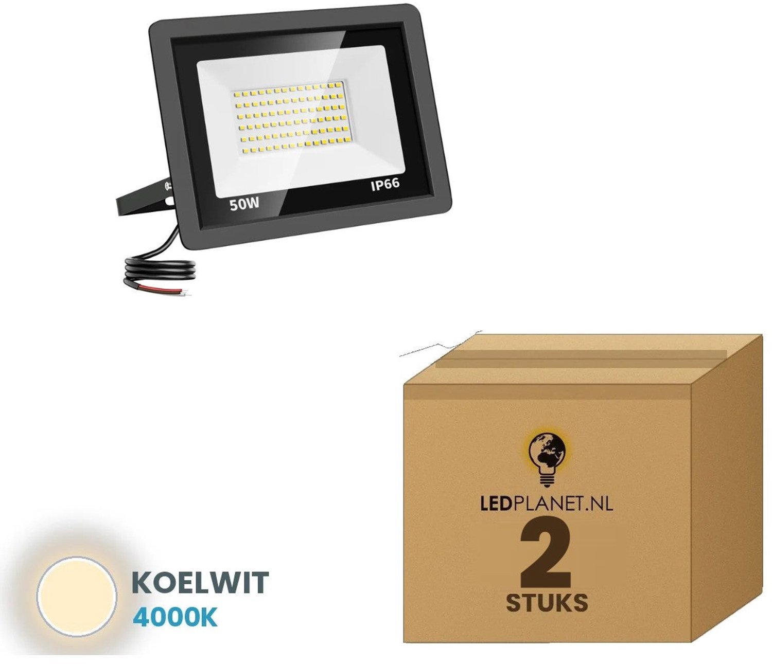 Tsong LED schijnwerper 50W - 2 stuks - Koelwit 4000K - 5.000 lm - 120° breedstraler - IP66