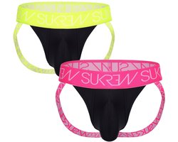 SUKREW Jockstrap Multipack 1x Underground Black/Acid Yellow + 1x Underground Black/Elect Pink - MAAT L - Heren Ondergoed - Jockstrap voor Man - Mannen Jock