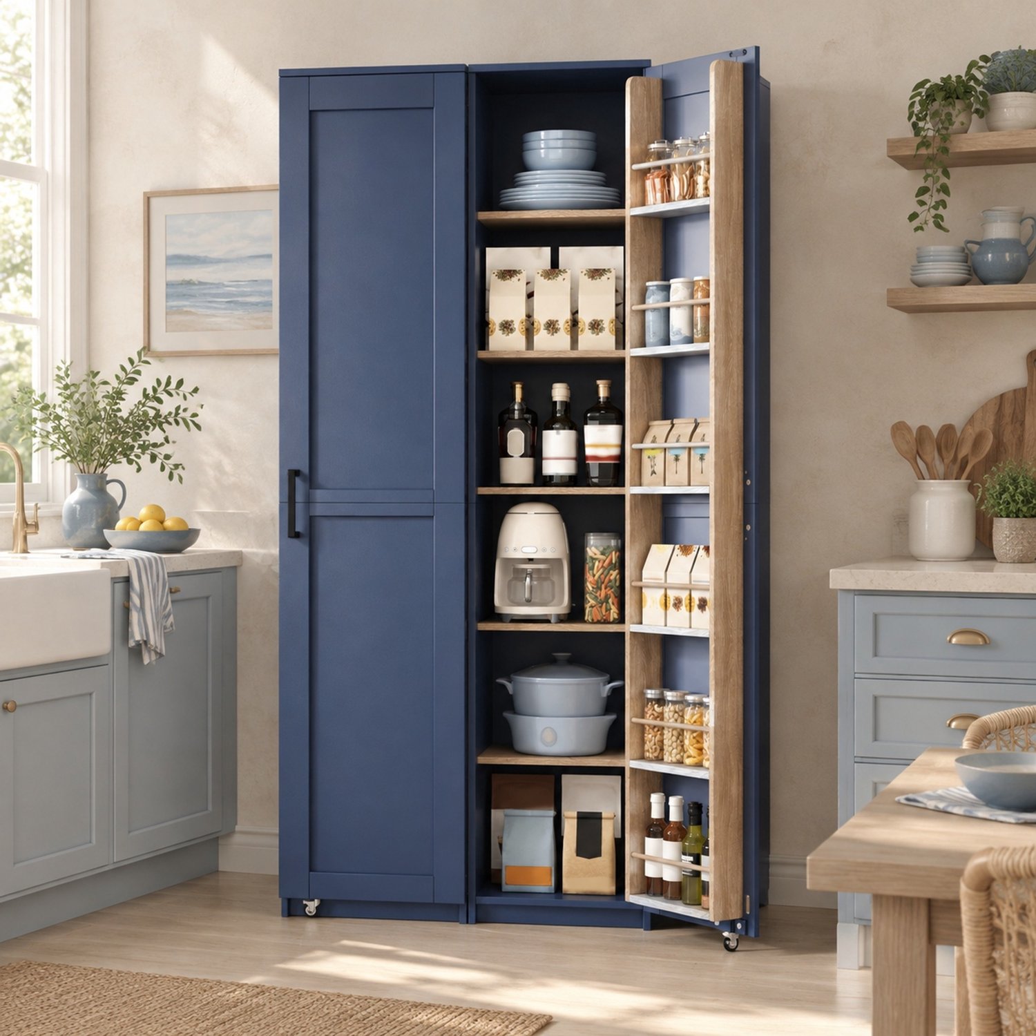 DESMIU Keukenkast - Hoge Opbergkast Met Verstelbare Legplanken En Deurvakken - Voor Keuken Badkamer En Woonkamer - MDF - 40x40x183 Cm - Blauw