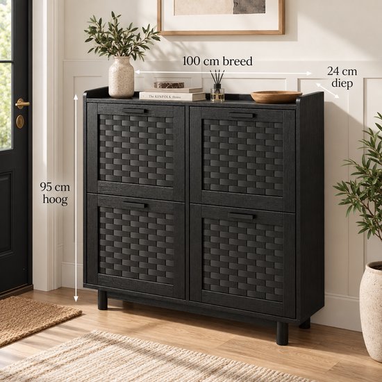 Zwarte schoenenkast met rotan-look deuren, met afmetingen aangegeven.