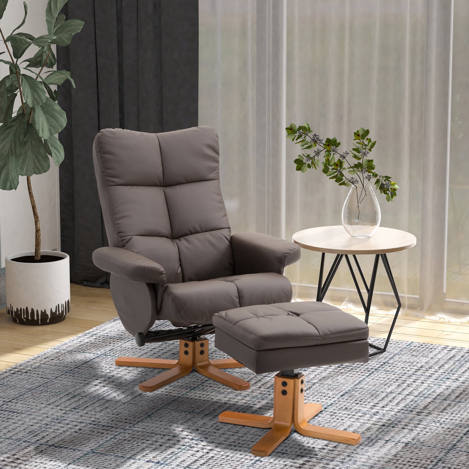 WUVRIE Relaxfauteuil 80x86x99 cm - Handmatig verstelbaar tot 145° - Met hocker en opbergruimte - Bruin