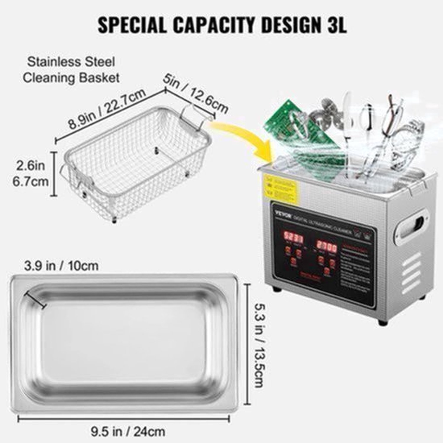 Ultrasoon Reiniger - Draagbaar - Reinigingsapparaat - RVS - 33-40 kHz - 220V - voor Sieraden en Brillen - Capaciteit 10L - Zilver
