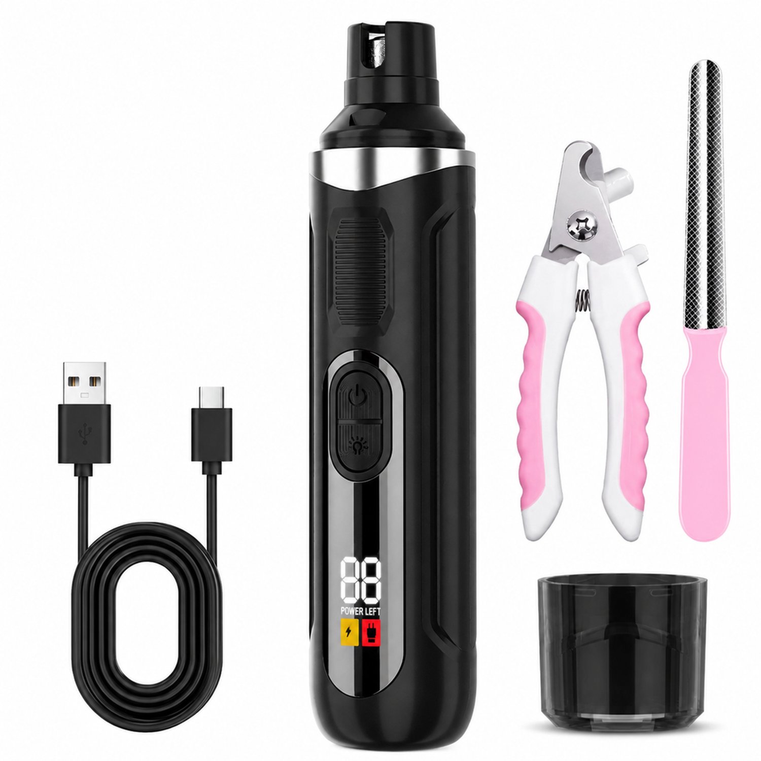 Elektrische nageltrimmer voor huisdieren - USB-oplaadbaar - anti-spatuitvoering voor gebruik na knippen - zwart - verpakking 16,2 x 5,2 x 3,7 cm
