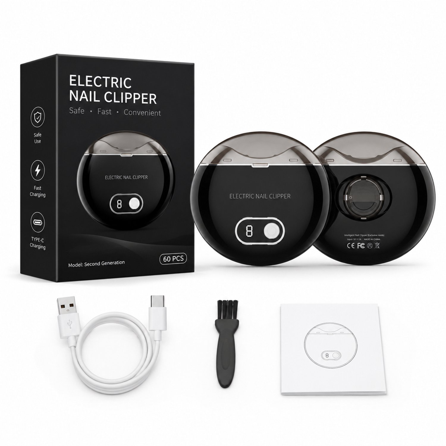 elektrische nagelknipper - model tweede generatie - 3 snelheden - USB-C opladen - zwart met Engelstalige verpakking