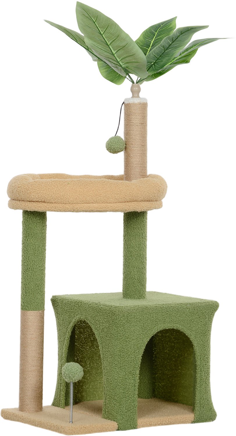 Pawona Krabpaal met kattenhuis en ligbed - Met speelballen en kunstbladeren - 44 x 30 x 98 cm - Groen/Bruin