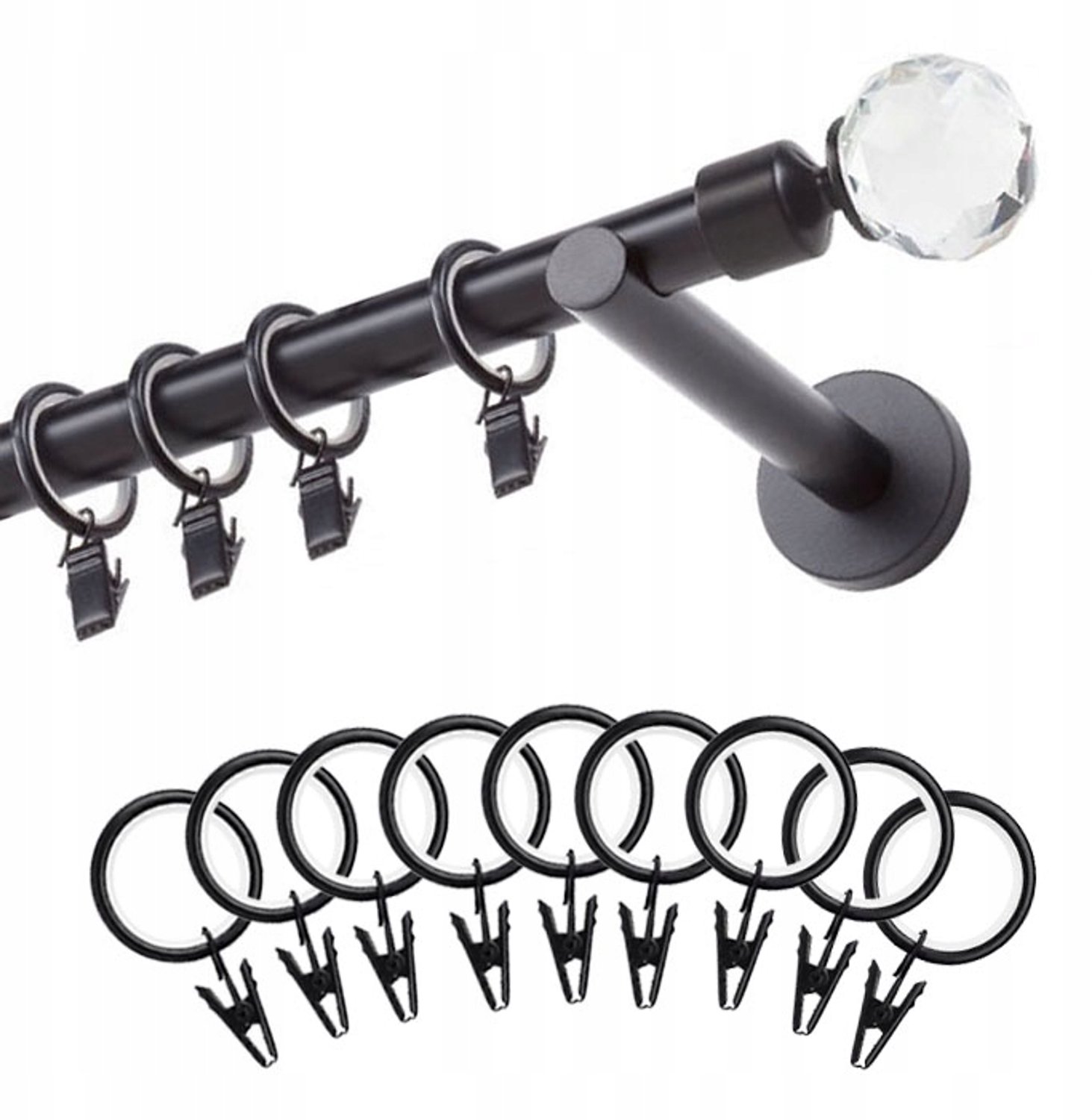 Zwarte Enkele Gordijnroede 19mm - 100cm met Diamant Eindkappen
