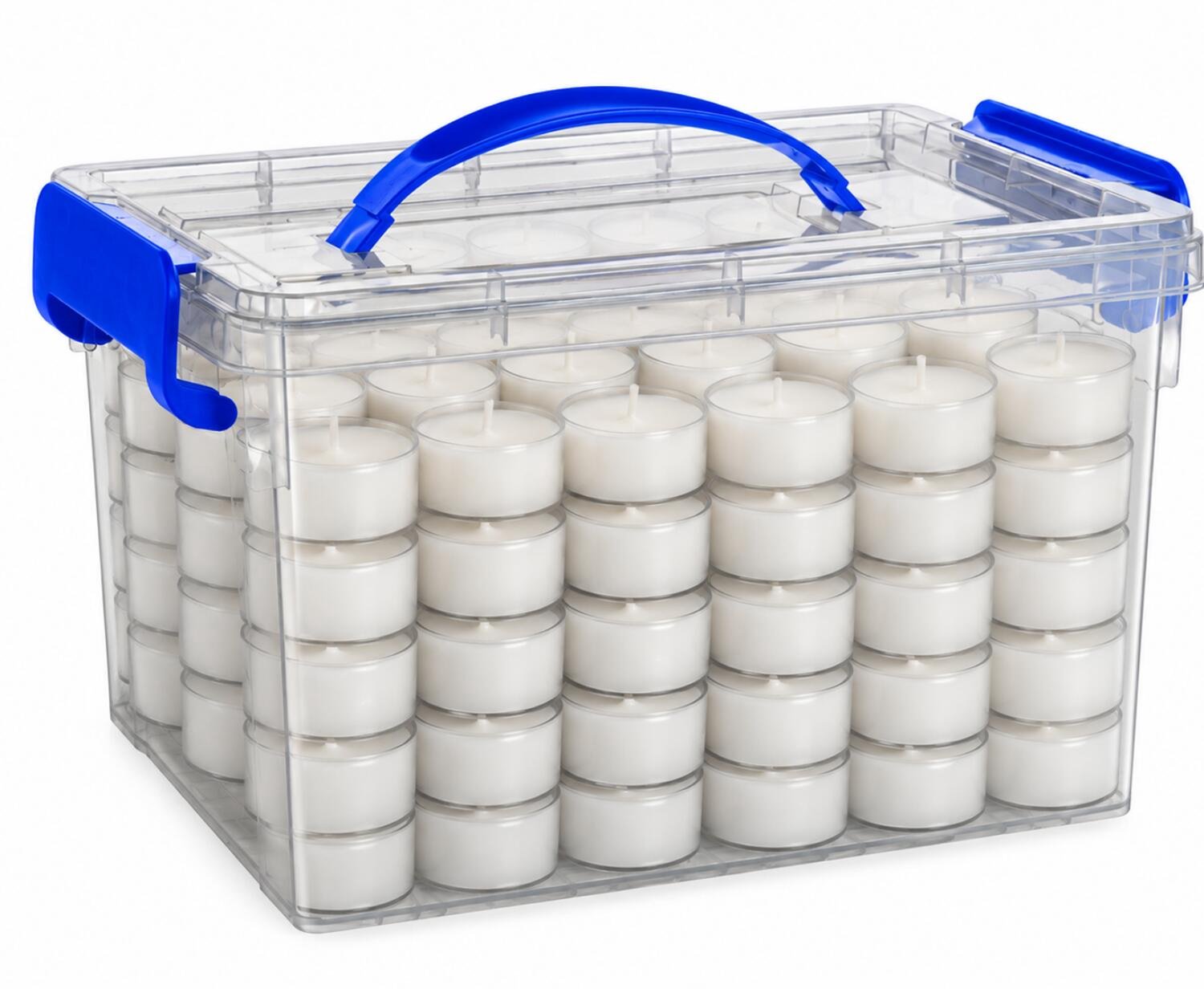 SPAAS Voordeelbox gevuld met waxinelichtjes - 150x - wit - 4.5 branduur - kunststof box met oppak hengsel - inhoud 6 Liter