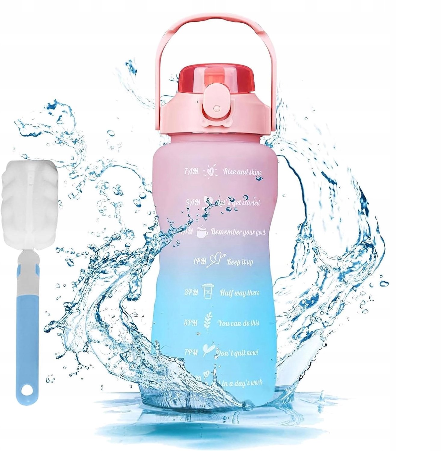 Grote Waterfles 2L met Rietje, Handvat & Motivatie - Roze/Blauw XXL