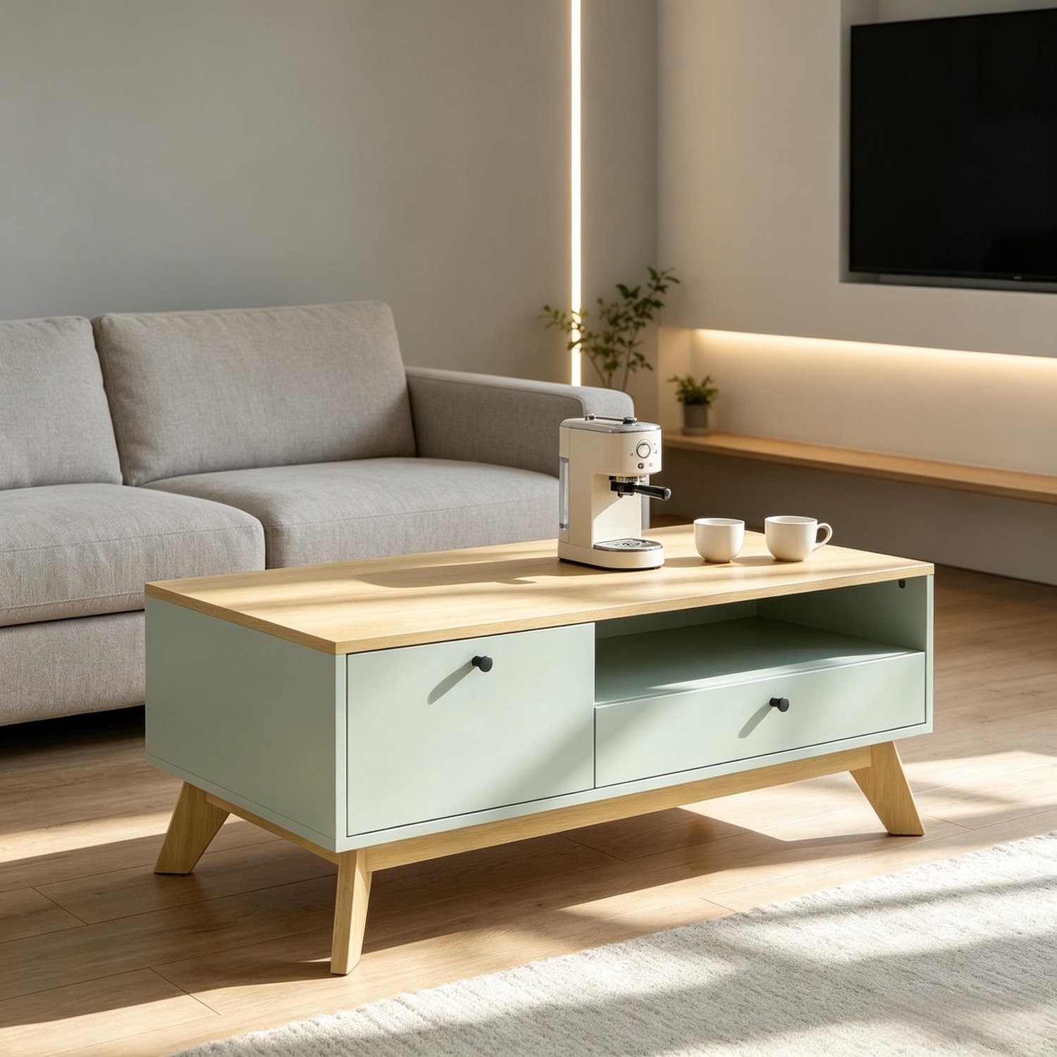 HAUSS SPOLE Salontafel Rechthoekig Met Lade Deurtje En Open Vak Met Handige Opbergruimte Voor Woonkamer MDF Lichtgroen En Eikenkleur 100 bij 50 bij 40 cm