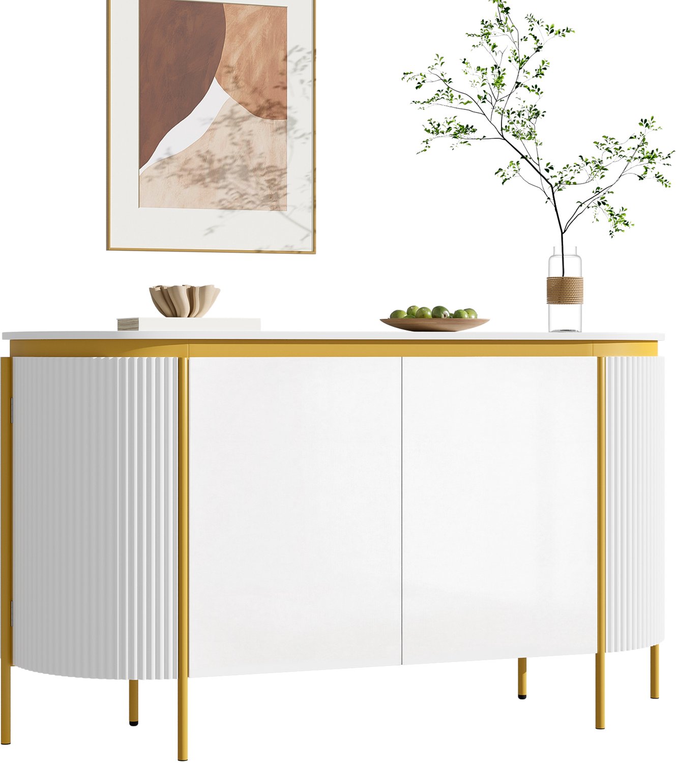 Clruro Dressoir - 140×38×80 cm - Ovaal - 4 Deuren en Kabeldoorvoer - MDF/IJzer - Wit