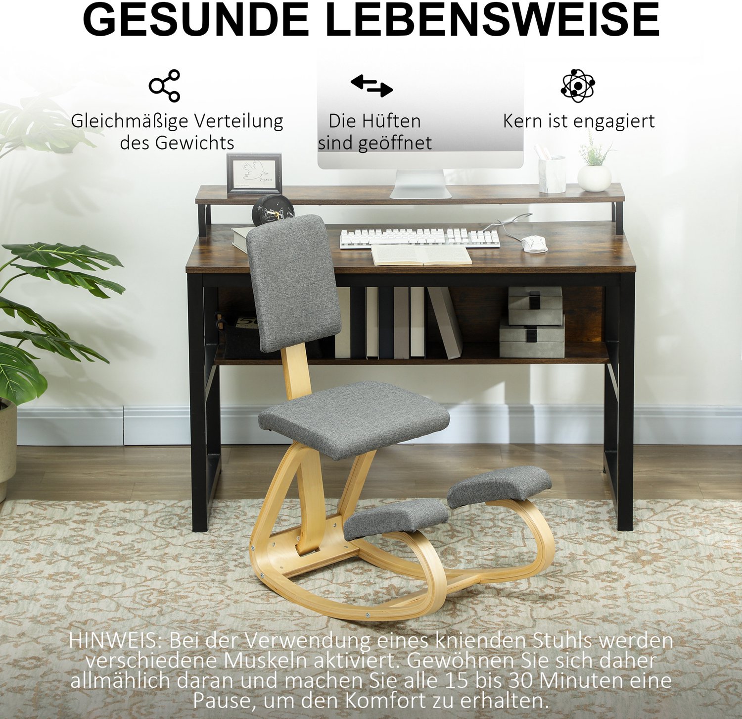 Homona Kniestuhl - Ergonomisch met rugleuning en schommeldesign - 51 x 84 x 93 cm - Grijs