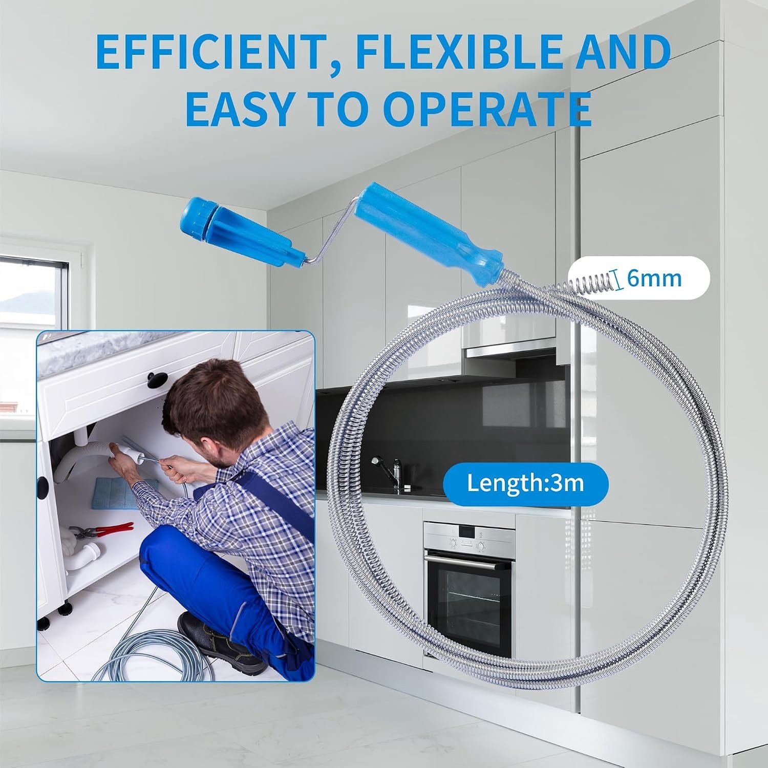 Ontstopspiral voor Toilet en Gootsteen, Diameter 6 mm x 5 m, Effectieve Ontstopper voor Hardnekkige Verstoppingen, Huishoudelijk Gereedschap voor Sanitair en Afvoer