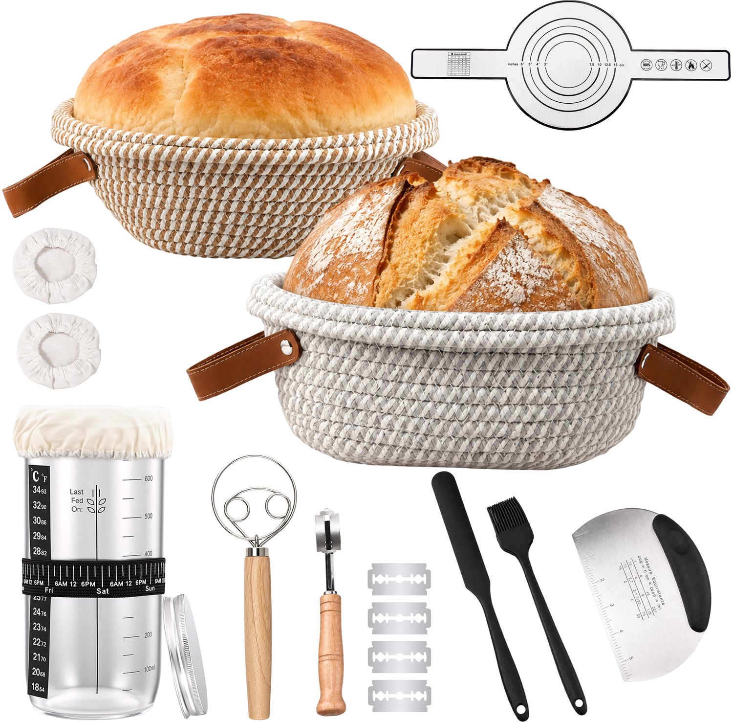 Yelenaro 21-Delige Zuurdesem Starter Set, Complete Broodbakset met 2 Katoenen Rijsmanden (27 cm Rond & 24 cm Ovaal), 730 ml Fermentatieglas, Deegmes en Bakaccessoires voor Thuis Zuurdesembakken