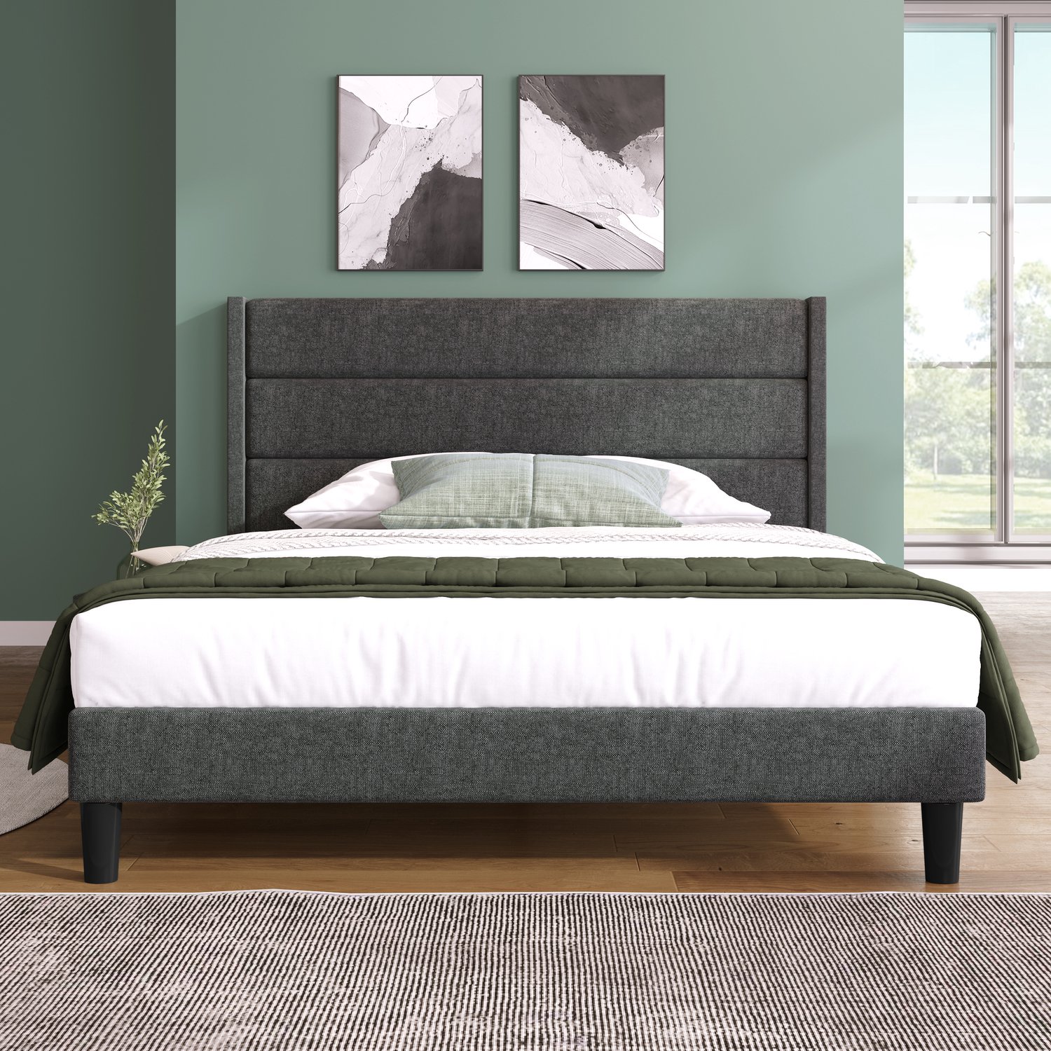 MUVANO Gestoffeerd bed 140x200 - bedframe met lattenbodem en hoofdbord - donkergrijs bed met linnen bekleding - 146x210 cm - modern voor slaapkamer