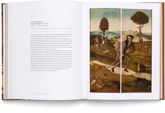 Pagina 170-171 met de 'Hooiwagen-triptiek' van Jheronimus Bosch, een wijdlandschap met reizigers.