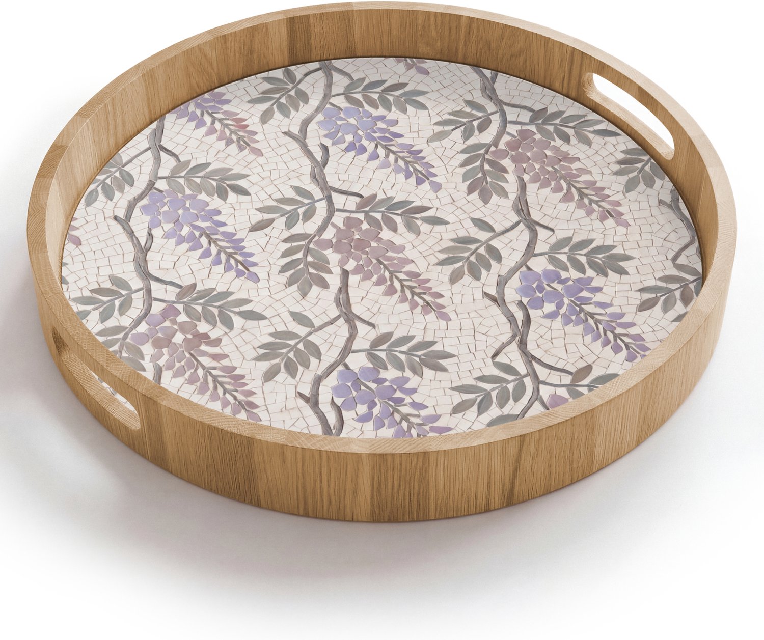 Dienblad rond 40x40 cm - Schootdienblad hout - Bloemen - Mozaïek - Natuur - Patroon - Paars - Borrelplank rechthoek - Plateau houten dienbladen
