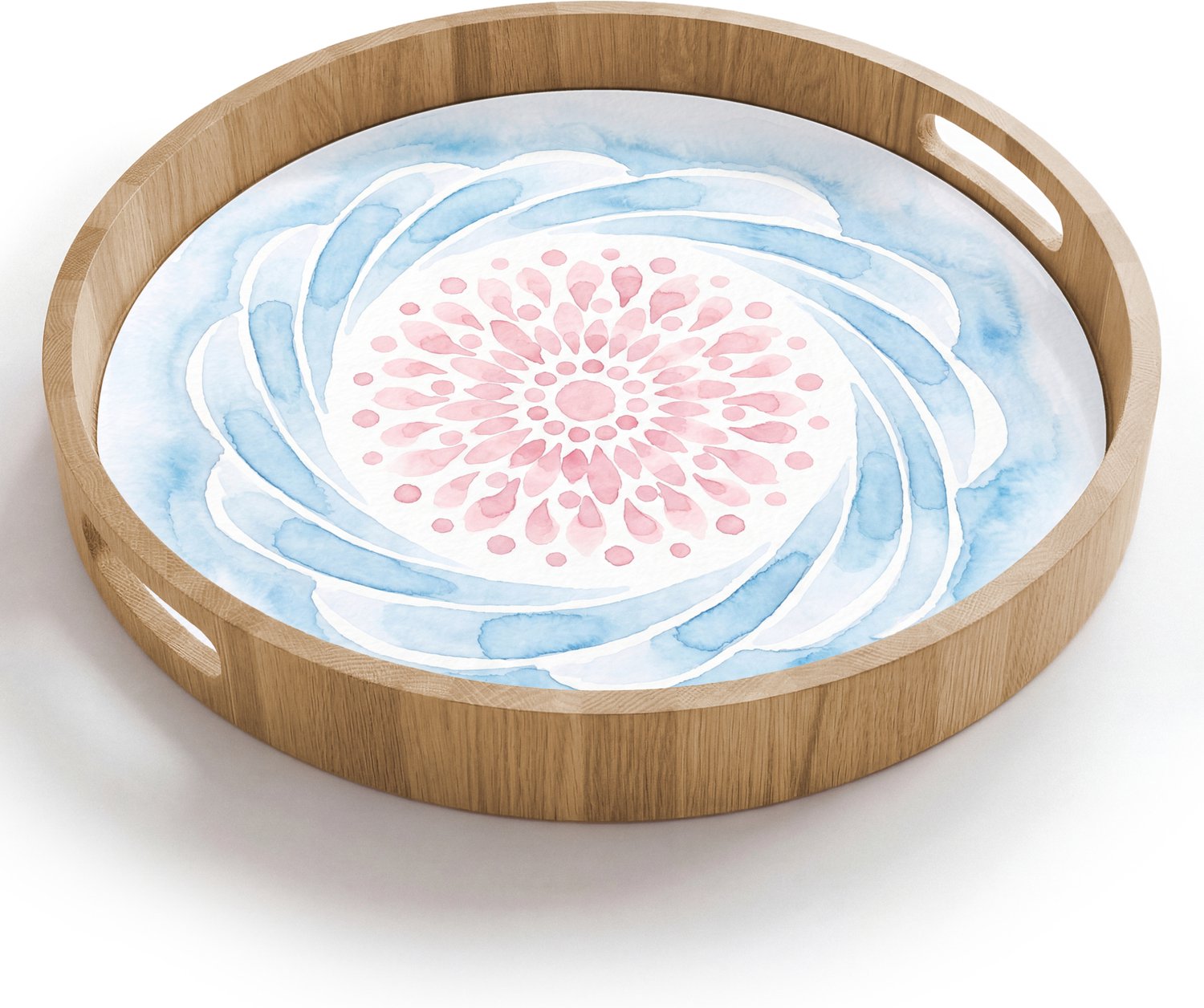 Dienblad rond 40x40 cm - Schootdienblad hout - Abstract - Bloemvorm - Aquarel - Roze - Blauw - Borrelplank rechthoek - Plateau houten dienbladen