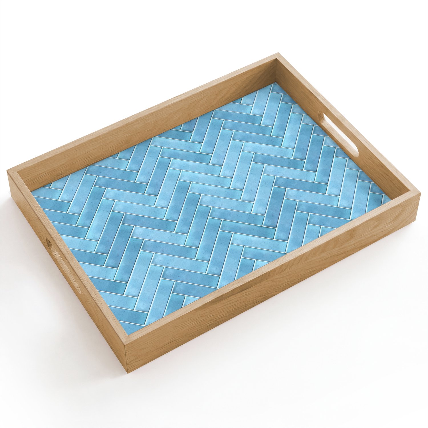 Dienblad hout 40x30 cm - Schootdienblad - Visgraat - Wandtegel - Lichtblauw - Borrelplank rechthoek - Plateau dienbladen