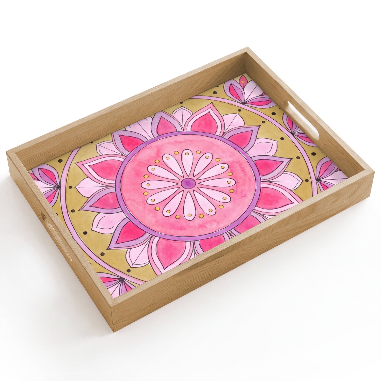 Dienblad hout 40x30 cm - Schootdienblad - Mandala - Patroon - Kunst - Aquarel - Roze - Borrelplank rechthoek - Plateau dienbladen