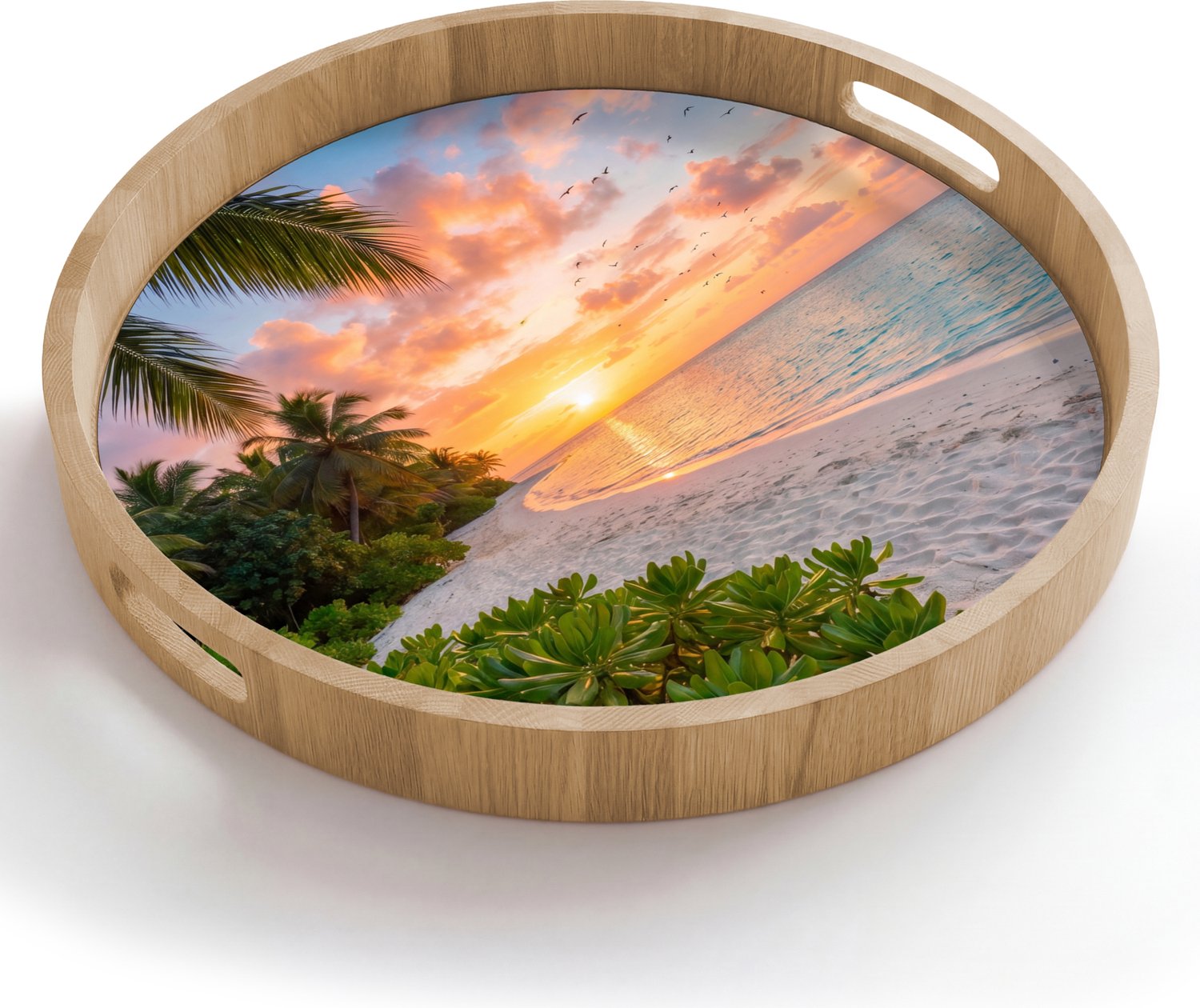 Dienblad rond 50x50 cm - Schootdienblad hout - Strand - Zonsondergang - Palmbomen - Tropisch - Natuur - Borrelplank rechthoek - Plateau houten dienbladen