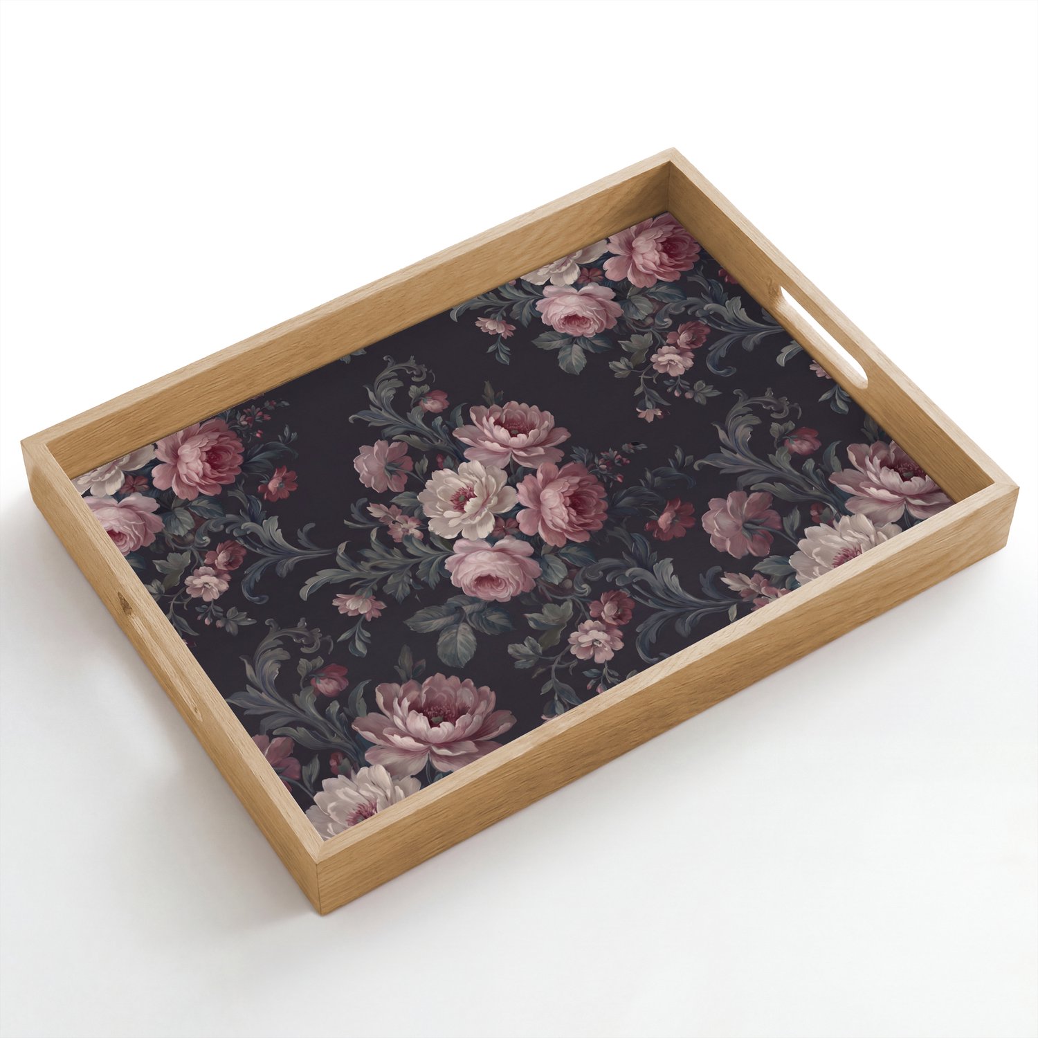 Dienblad hout 50x35 cm - Schootdienblad - Bloemen - Patroon - Sierlijk - Roze - Donker - Borrelplank rechthoek - Plateau dienbladen