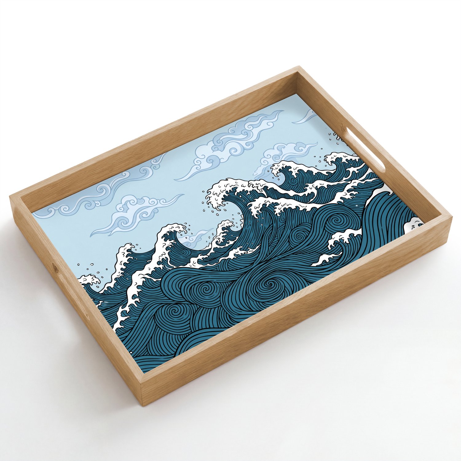 Dienblad hout 50x35 cm - Schootdienblad - Zee - Golven - Japans - Natuur - Blauw - Borrelplank rechthoek - Plateau dienbladen