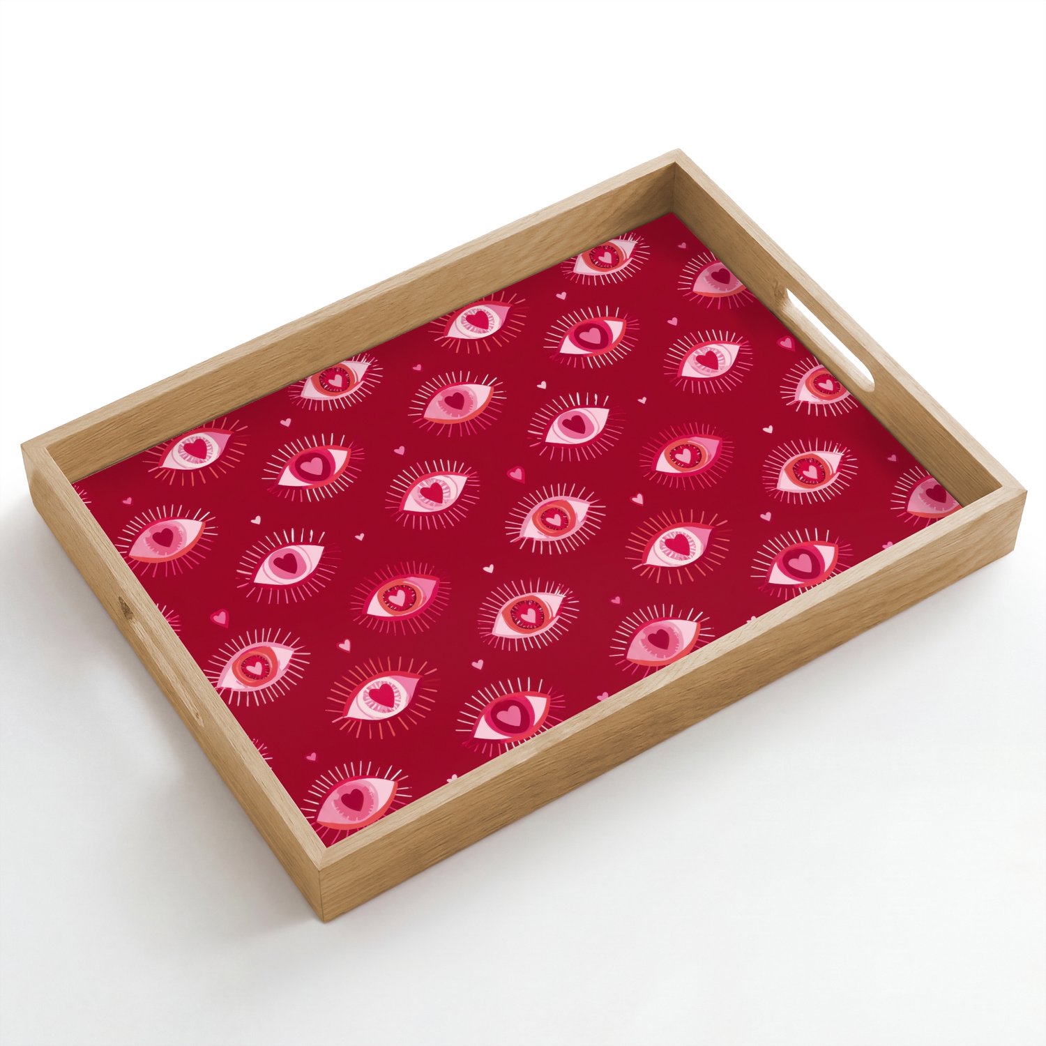 Dienblad hout 50x35 cm - Schootdienblad - Ogen - Patroon - Roze - Donkerrood - Borrelplank rechthoek - Plateau dienbladen