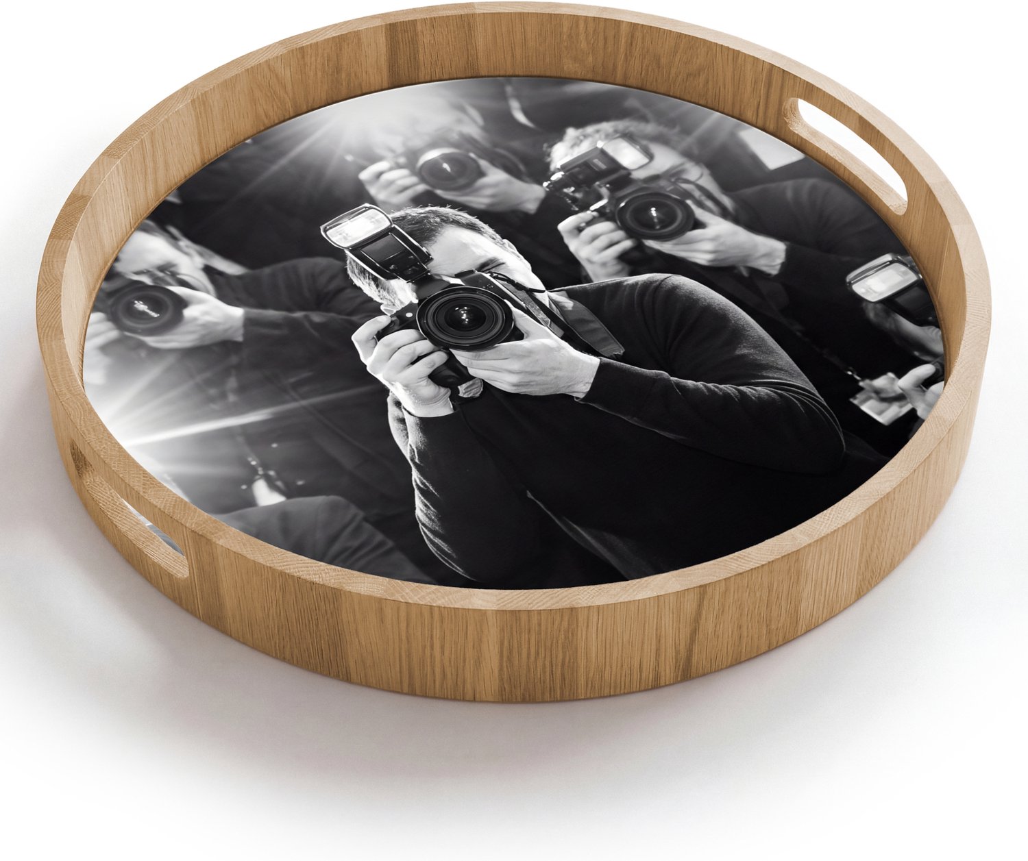 Dienblad rond 40x40 cm - Schootdienblad hout - Mensen - Camera - Flitslicht - Zwart-wit - Media - Borrelplank rechthoek - Plateau houten dienbladen