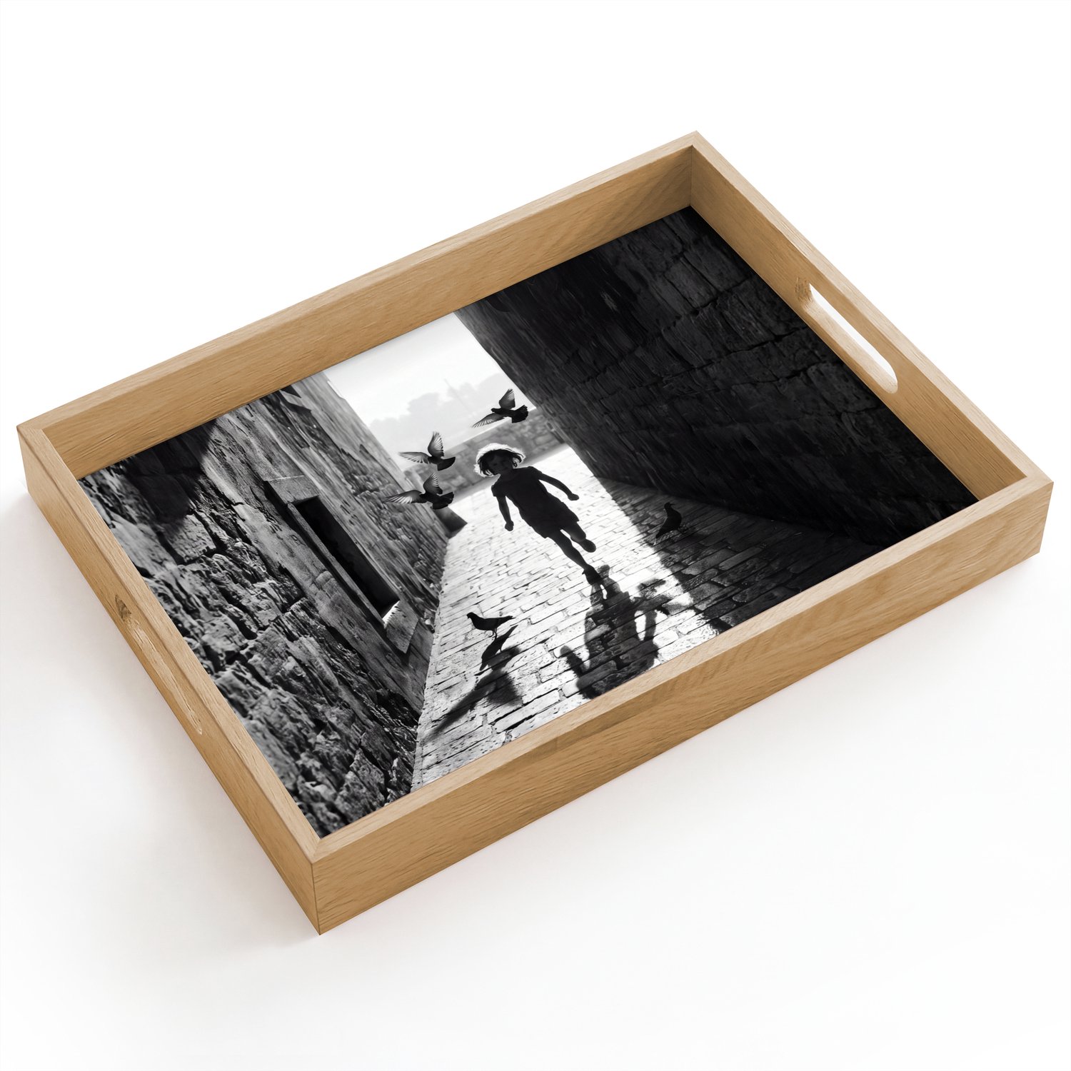 Dienblad hout 40x30 cm - Schootdienblad - Kind - Vogel - Straat - Zwart-wit - Spelen - Borrelplank rechthoek - Plateau dienbladen