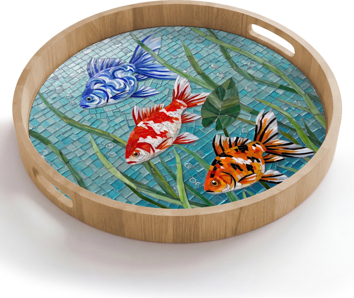 Dienblad rond 50x50 cm - Schootdienblad hout - Vis - Mozaïek - Onderwater - Kleurrijk - Dieren - Borrelplank rechthoek - Plateau houten dienbladen
