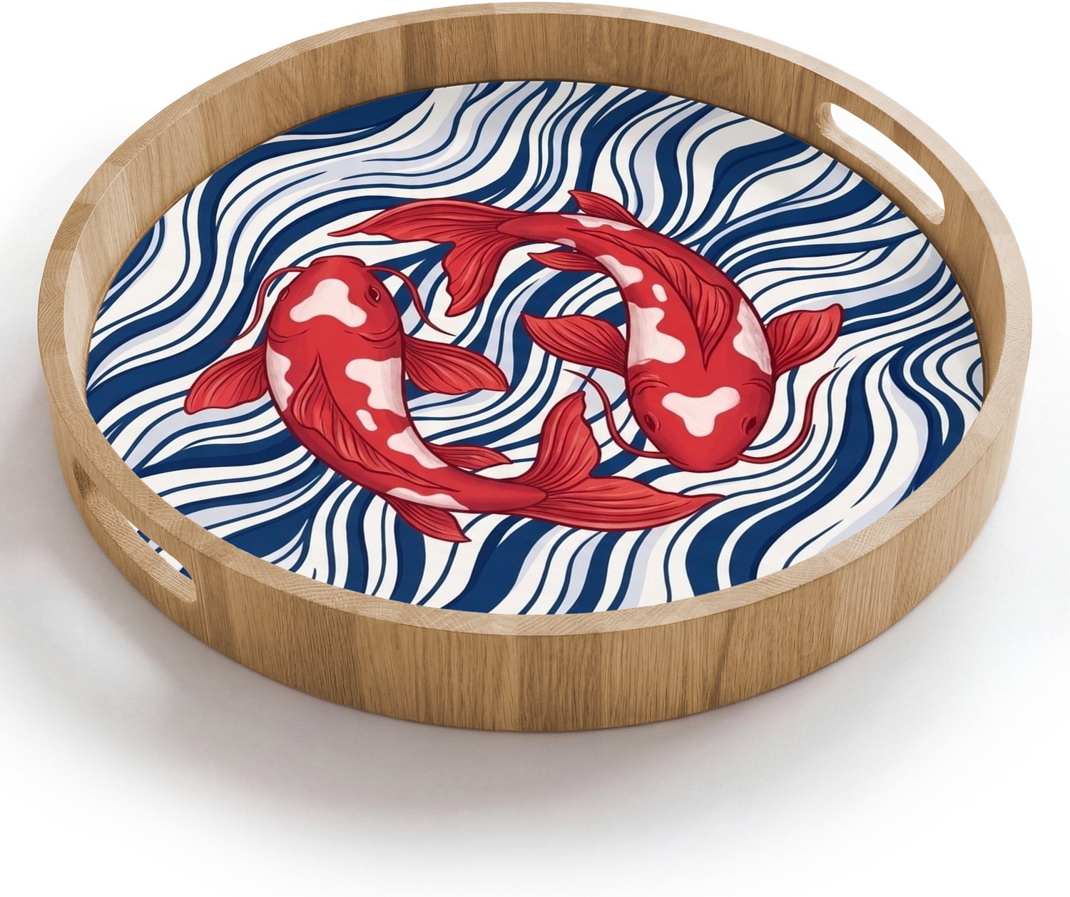 Dienblad rond 40x40 cm - Schootdienblad hout - Vis - Water - Natuur - Illustratie - Rood - Borrelplank rechthoek - Plateau houten dienbladen
