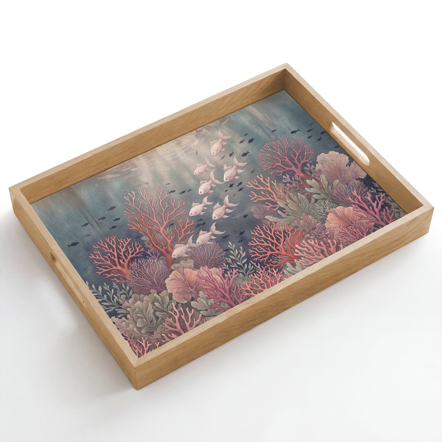 Dienblad hout 50x35 cm - Schootdienblad - Vis - Koraal - Onderwater - Illustratie - Vintage - Borrelplank rechthoek - Plateau dienbladen