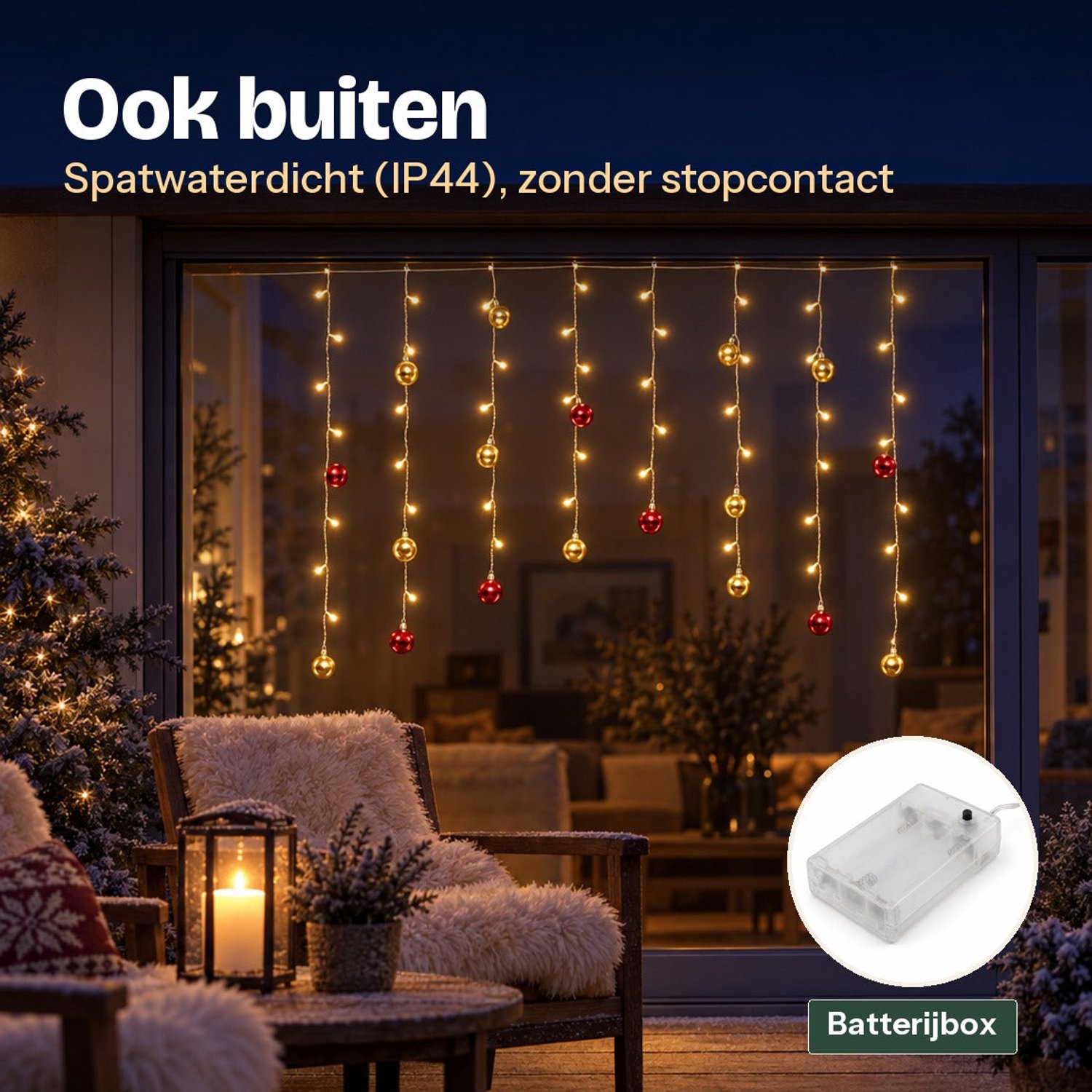 Levano Kerstverlichting Buiten - Lichtgordijn met Kerstballen - Kerstversiering - Kerstverlichting op Batterijen - Kerstlampjes - Raamverlichting Kerst - LED Gordijn - Kerstdecoratie Raam - Warm Wit - Timer - 74 LED - Sfeerverlichting - IP44 – foto 5
