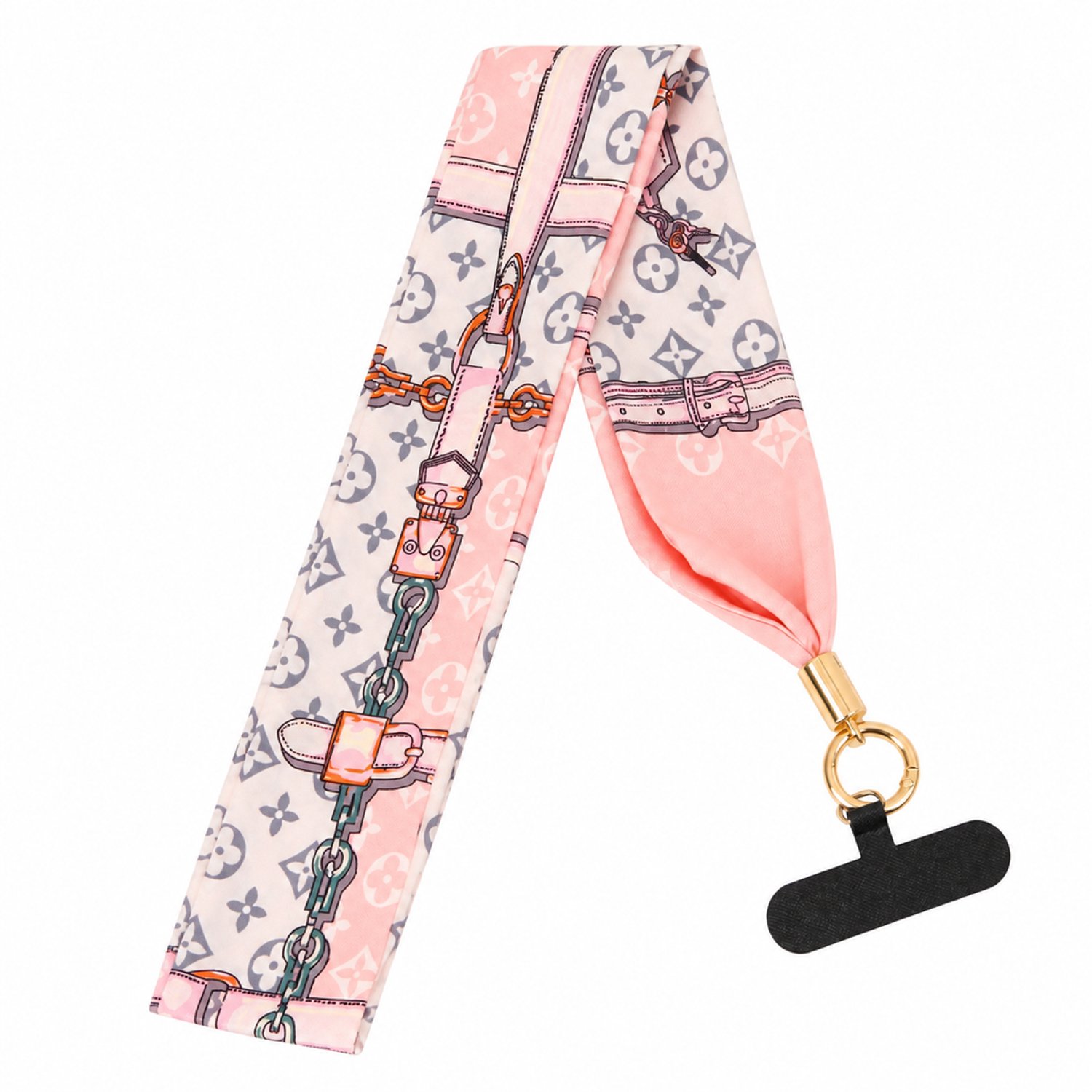 Telefoonkoord in sjaalstijl - Lang plat polyester lint met print en metalen sluitring - Zonder bevestigingsplaatje