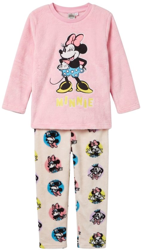 Roze koraalfleece pyjamaset met Minnie Mouse print en de tekst MINNIE op de top en een broek met Minnie-motief.