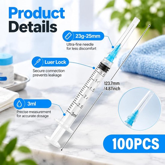 100 stuks 3 ml spuiten 23G 25 mm afzonderlijk verpakt met schaal voor — afbeelding 4