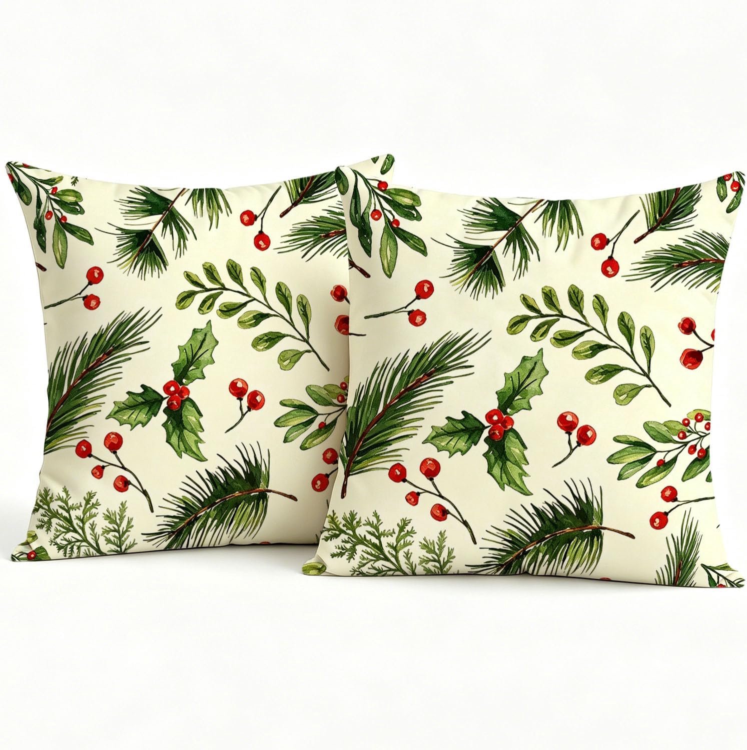 Kussensloop, Kerstmis, 50 x 50 cm, rood en groen, decoratief, fluweel, zacht, motief dennentakken en bessen, kussensloop voor bank en woonkamer, wasbaar, 2 stuks