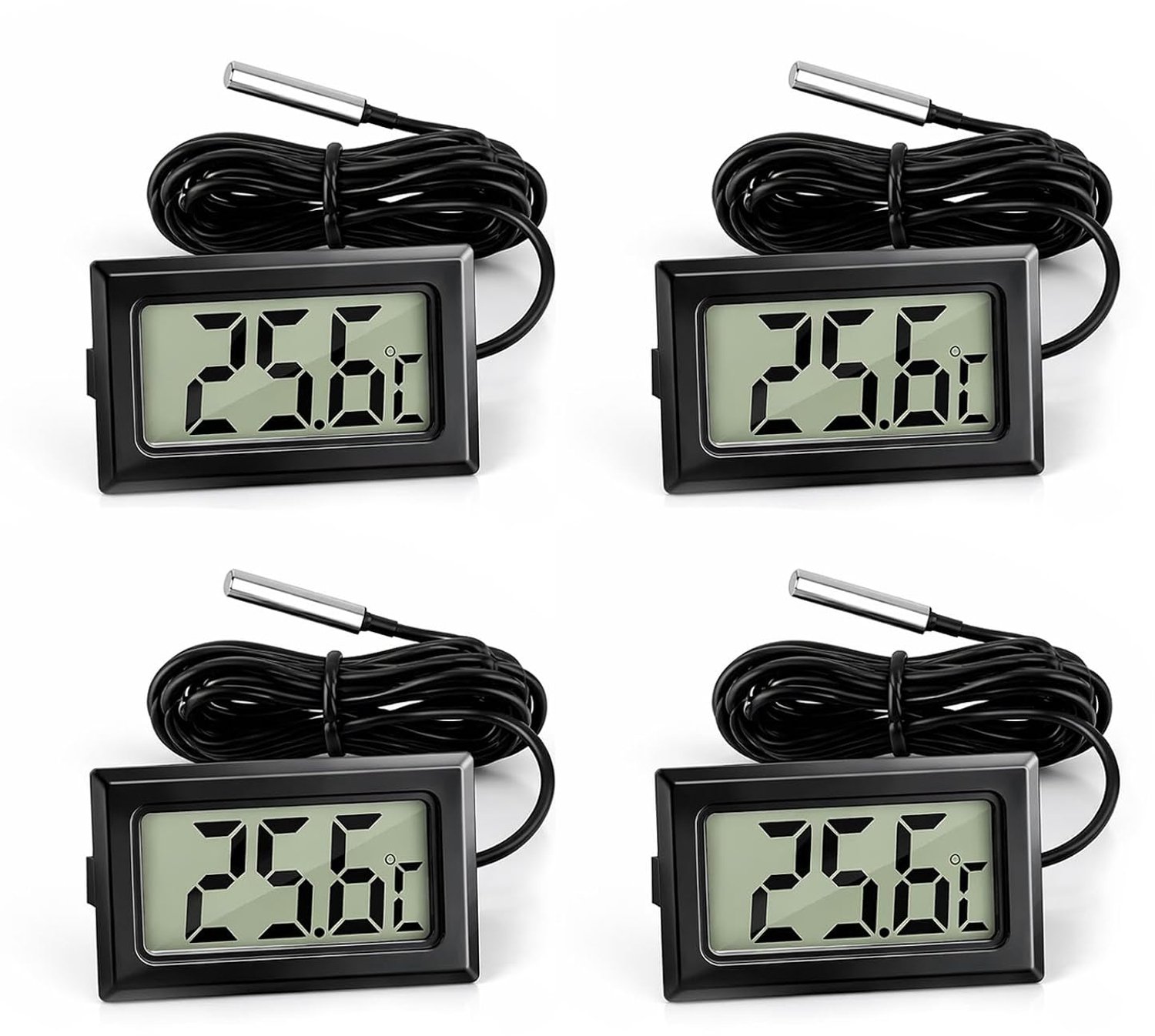 4 stuks digitale lcd-thermometer, zwarte temperatuurmonitor met externe sonde, mini-temperatuurweergave, thermometer - ShopVlot
