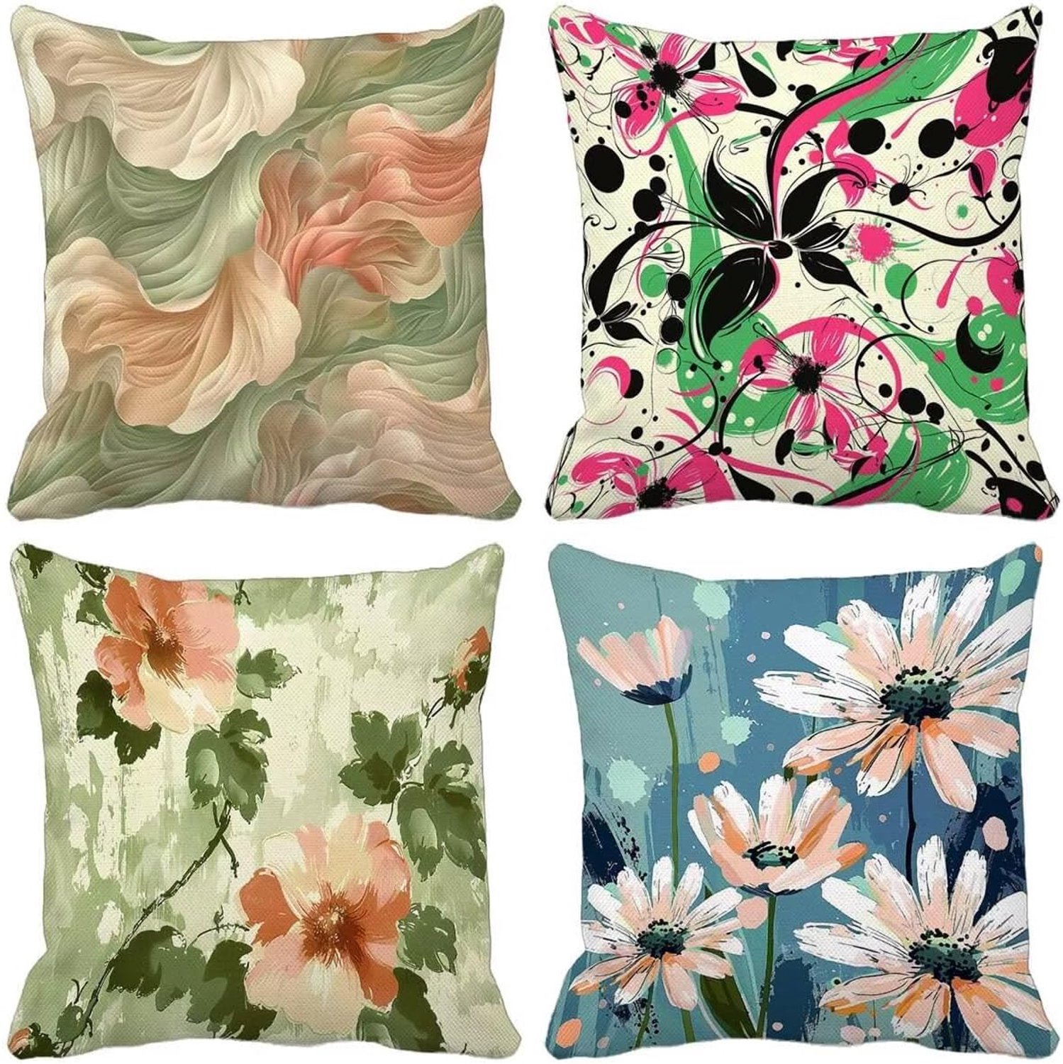 Bankkussen, bloemen, planten, 80 x 80 mm, 4 stuks, versterkte naden, dubbel, ultrazacht, verborgen ritssluiting, terras, tuinbank, outdoor, voor woonkamer, slaapkamer, decoratie, 7-6