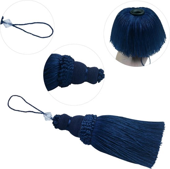 2 stuks gordijnkwastjes tie-backs zijden decoratieve holdbacks met kristallen kraal en touw lus elegante handgemaakte franjes stropdas ruggen voor woonkamer slaapkamer raam gordijn (marineblauw) — afbeelding 4