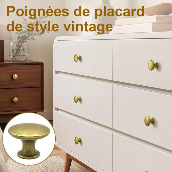 Set van 10 vintage chique kastknoppen van antiek messing, ronde kastknoppen, antiek messing, 30 mm, vintage messing, meubelknoppen voor keukenkasten — afbeelding 3