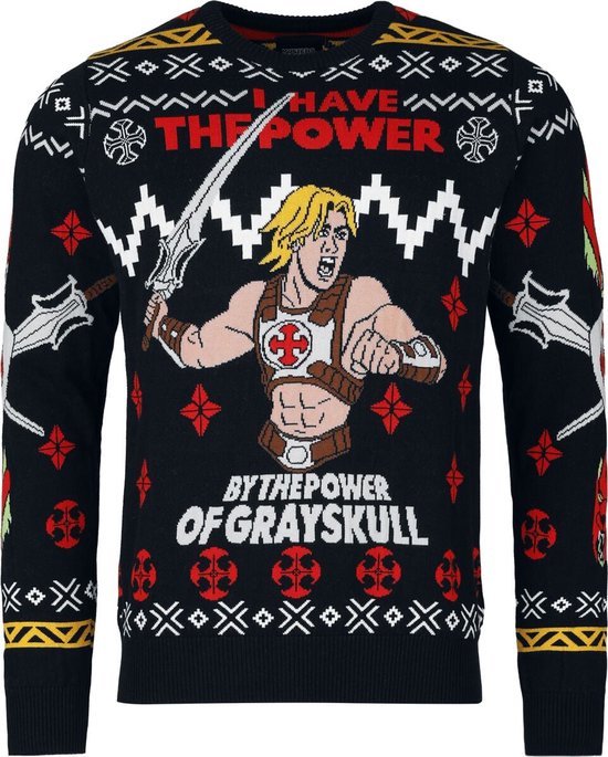 Zwarte kersttrui met He-Man afbeelding, tekst I HAVE THE POWER en BY THE POWER OF GRAYSKULL, en rode symbolen.