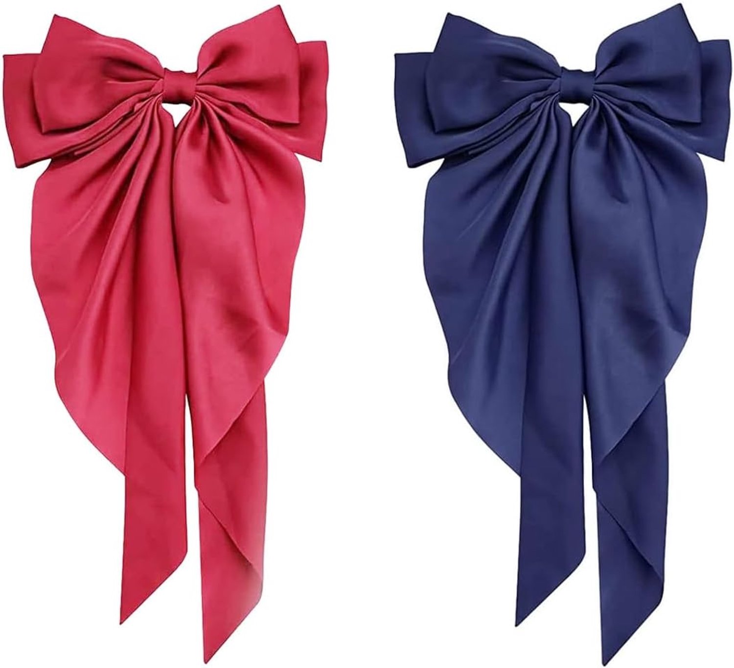 Teron 2PCS Vintage Grote Zijden Bowknot Haarclips, Franse Long Tail Silky Satin Barrette Hoofddeksels, Haaraccessoires voor Vrouwen en Meisjes (Marineblauw + Rood)