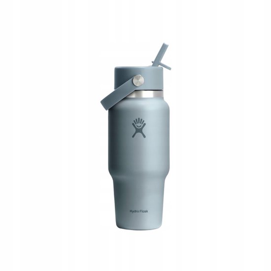 Grijze Hydro Flask drinkfles met rietje en draaglus.