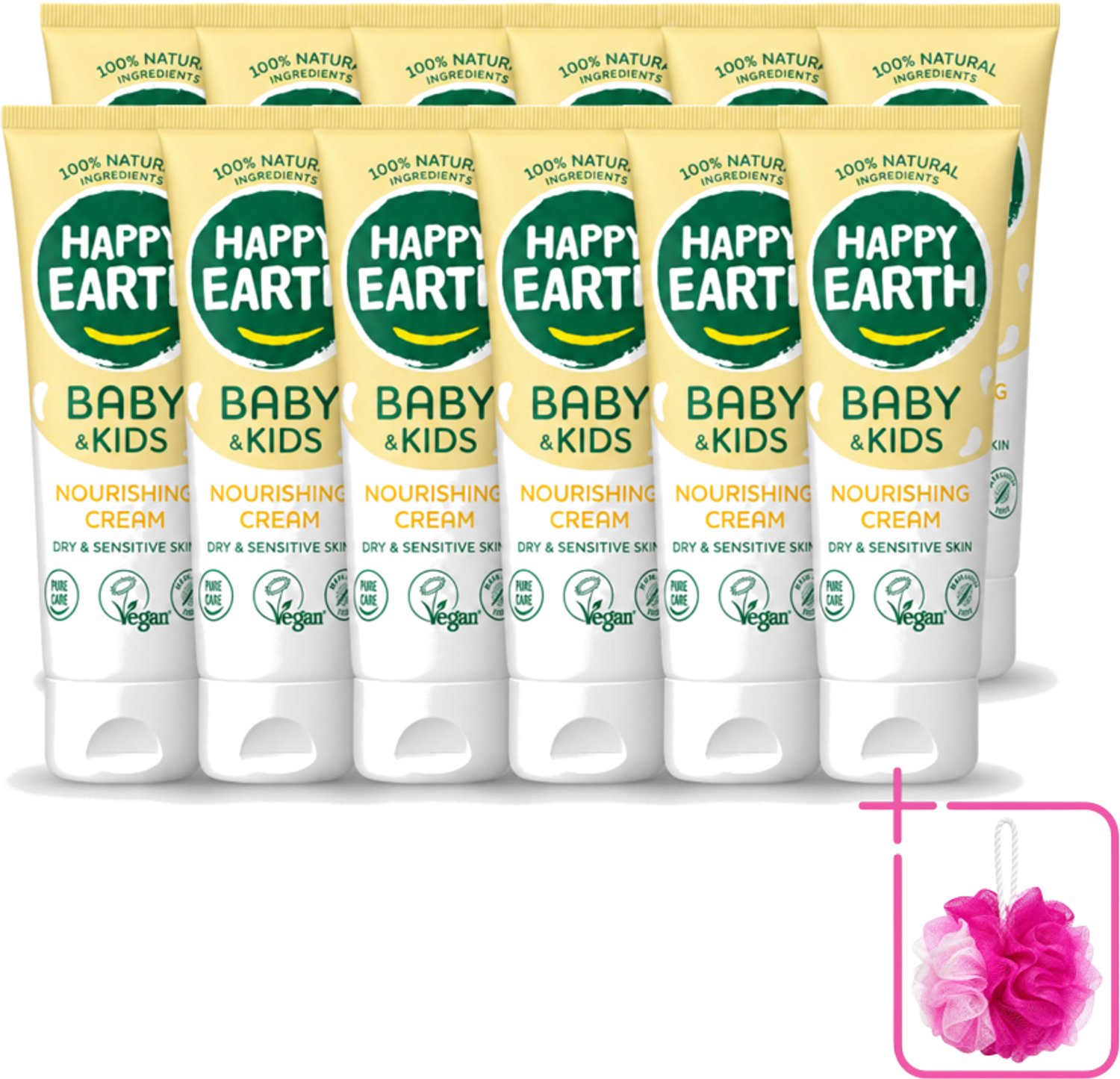 12 x Happy Earth – Nourishing Cream – 100% Natuurlijk Baby & Kids – 75 ml - Bulkverpakking - Natuurlijke crème - Douchemop - Gevoelige huid