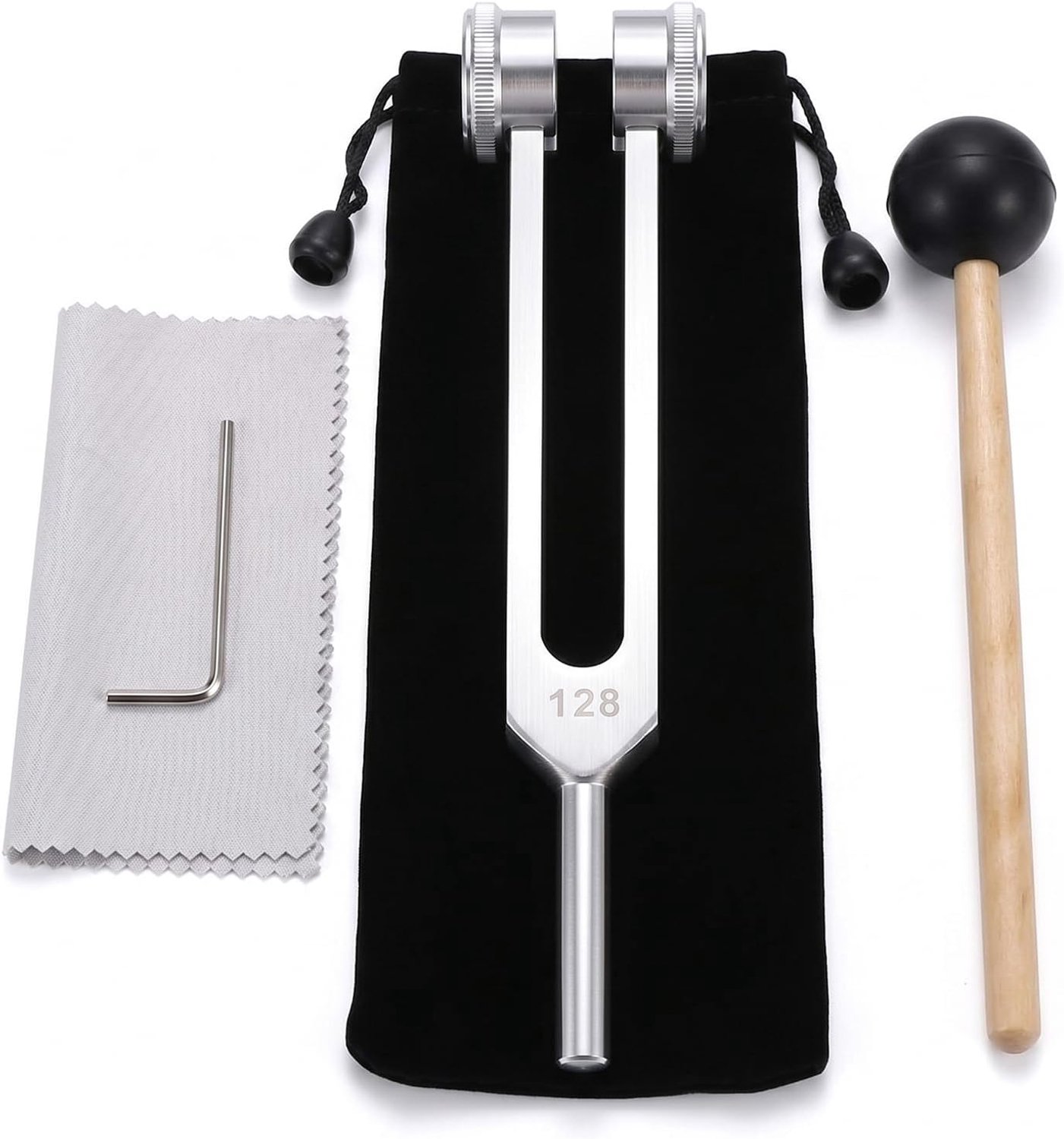 128 Hz stemvork, stemvork therapie, stemvork neurologie, tuning fork, met percussie hamer, zwarte opbergtas, voor DNA-reparatie, genezing, klanktherapie, muziekinstrument, zilver