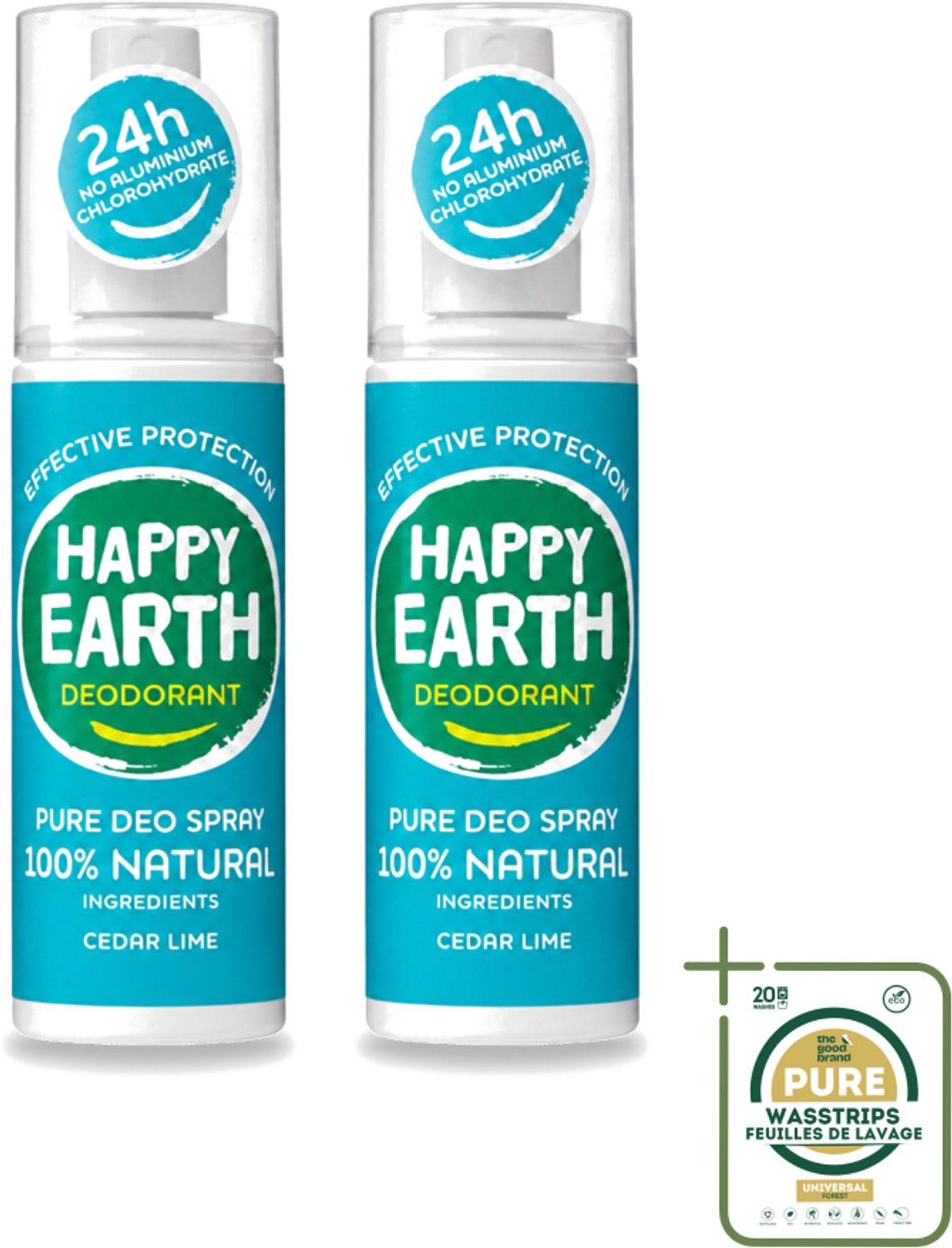 2 x Happy Earth – Deodorant Spray – 100% Natuurlijk Cedar Lime – 100 ml - Wasstrips - Natuurlijke Deodorant Spray - Cedar Lime Geur - Geur Van Ceder En Limoen - Geur Van Cederhout En Limoen - Deodorant Spray
