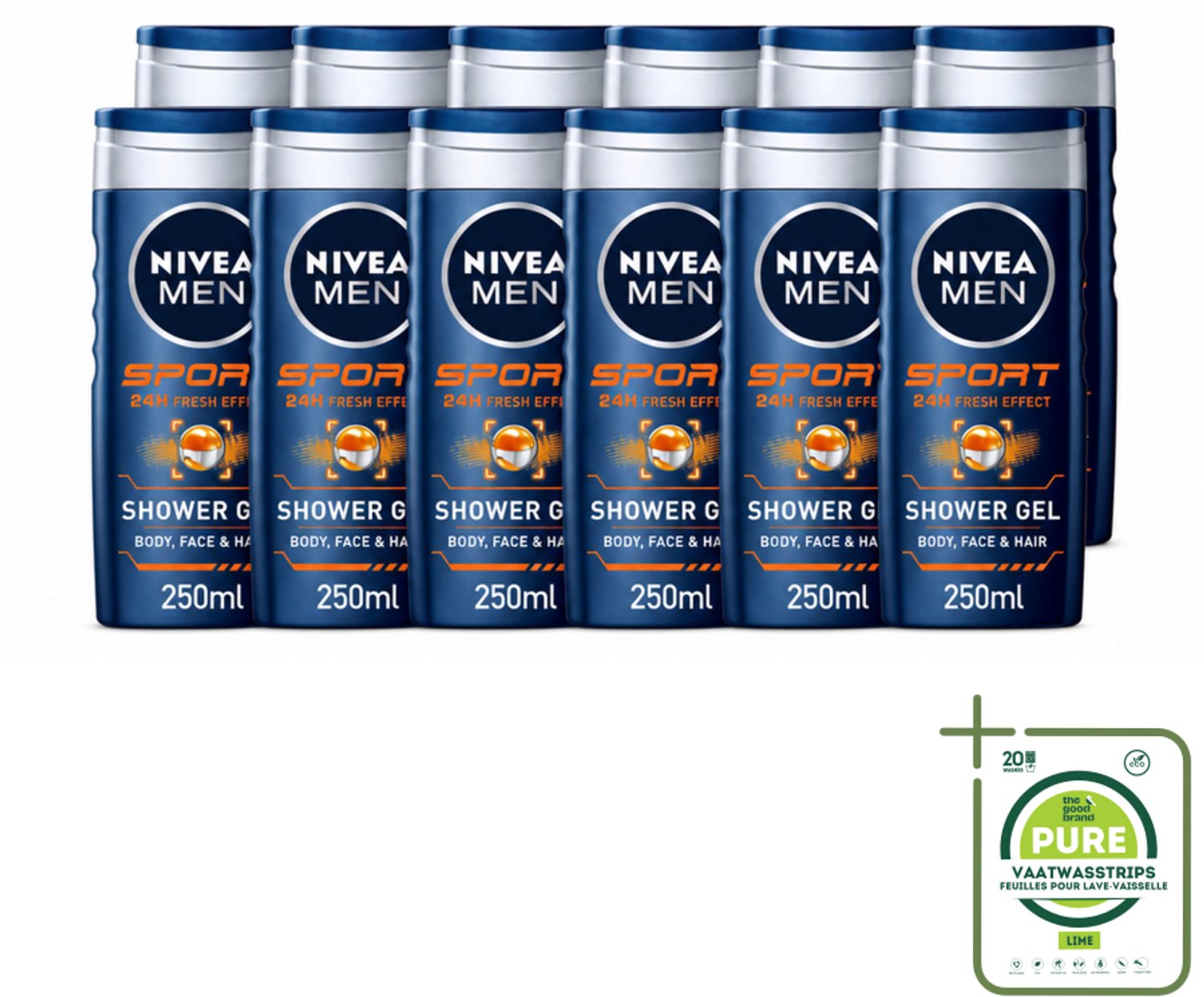 12 x NIVEA MEN – Douchegel – Sport – 250 ml - Grootverpakking - Vaatwasstrips - Sportdouchegel - Fris Na Sporten - Verkoelend Na Inspanning - Mannelijke Limoengeur - Huid En Haar Verzorging
